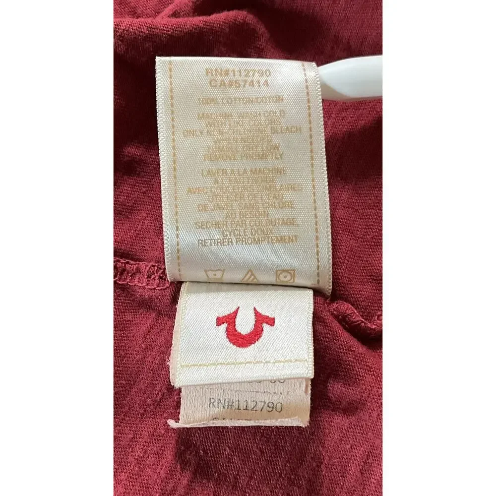 True Religion Long Sleeve Red Henley Velvet Logo T-Shirt Size Large-Made In USA